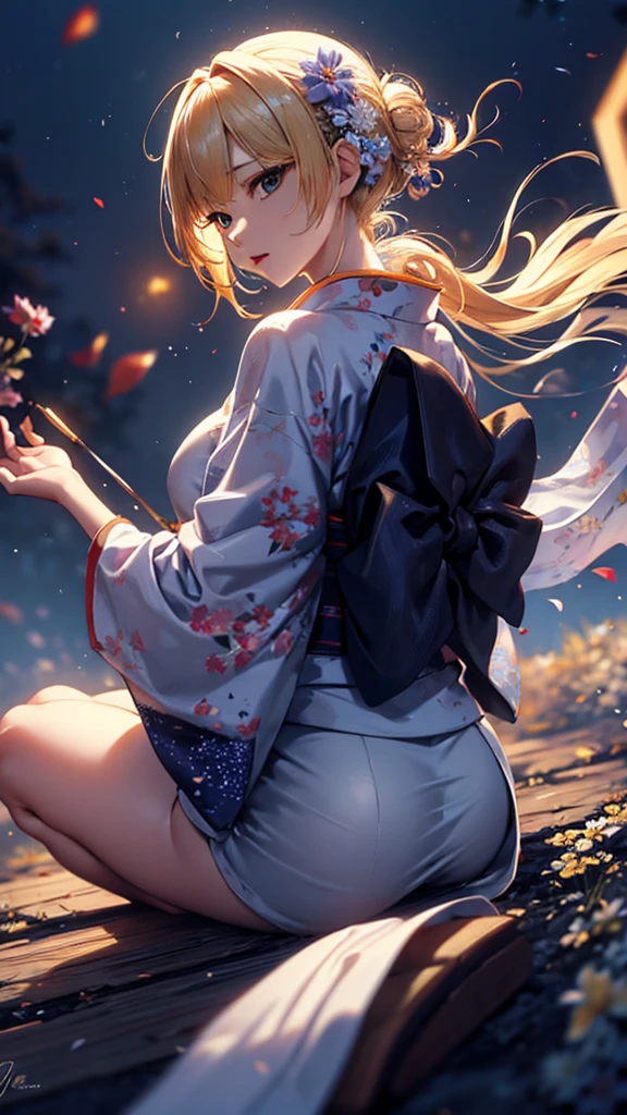 masterpiece, high quality, 4K, Beautiful design, silhouette,blonde, 非常に詳細な夜のStarry Sky,Flower Field, wonderful, Finer details, Very knowledgeable woman, Highly detailed solo, 1 female,Big Breasts,Butt Emphasis,Yukata in white color,Night view,Starry Sky,full moon,How to sit,