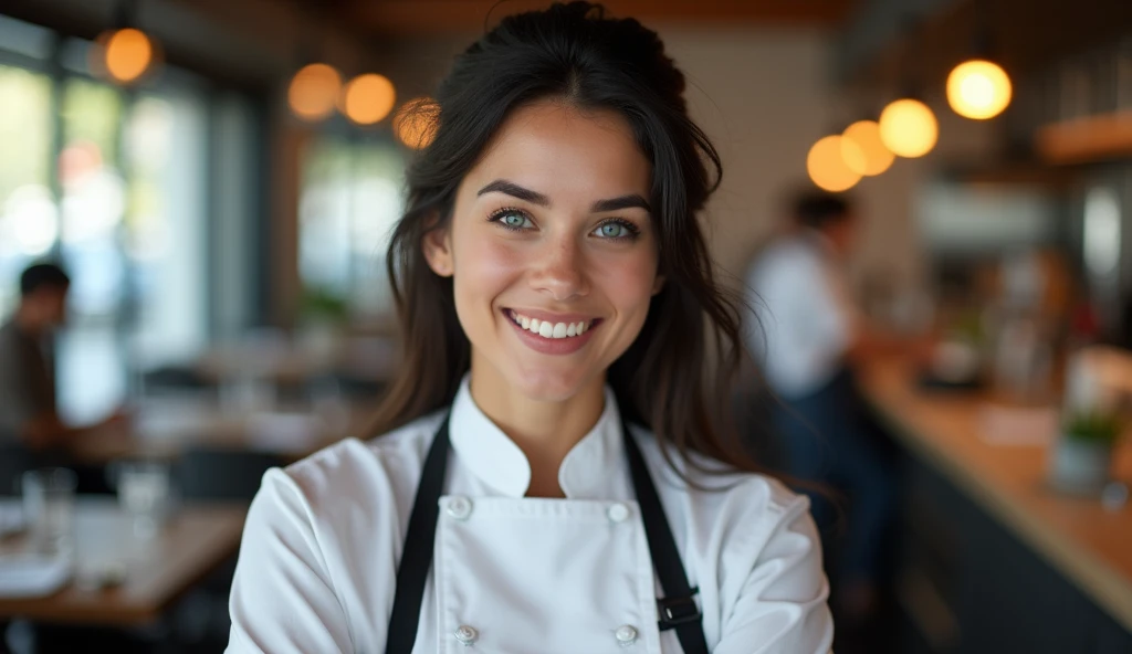 Real professional photography of a beautiful 35-year-old young adult woman, with herself as the main subject. She has a beautiful, well-defined face, vibrant blue eyes, long, loose and slightly messy black hair, fair skin and is wearing a cook's uniform. The woman must be looking directly at the camera, with a cheerful, natural expression showing satisfaction in her work. The blurred background in the background is showing what appears to be the interior of a restaurant, showing tables, a counter and people. There is still natural external light coming from the side, coming from a glass pane, contrasting with the artificial lighting of the internal environment with points of light in a bokeh effect. The photograph should capture extreme detail, with a high-quality rendering in 8k, with professional photographic quality and attention to detail that conveys the realism of a restaurant.