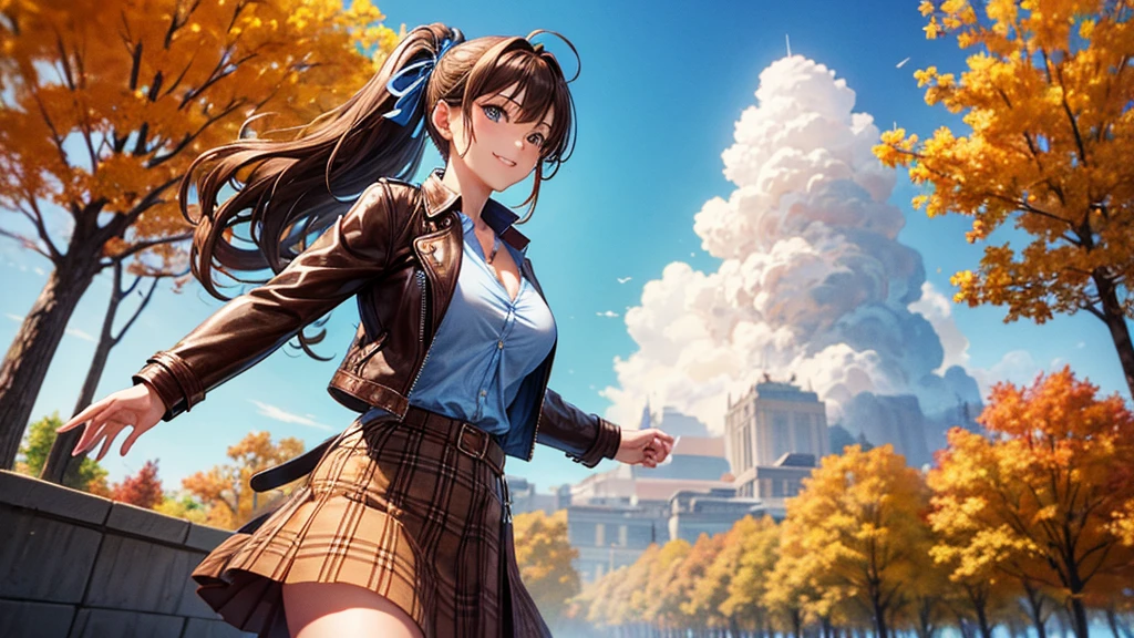 1girl, solo, trees, sun, clouds, autumn, colorful trees, falling leaves, ((brown hair)), ponytail, huge breasts, ((brown leather jacket)), button down shirt, ((blue checked shirt)), ((unbuttoned shirt)), unbuttoning buttons, cleavage 1:3, blue eyes, long skirt, brown boots, smile, happy, looking at the viewer, walking, hair ribbon, golden necklate