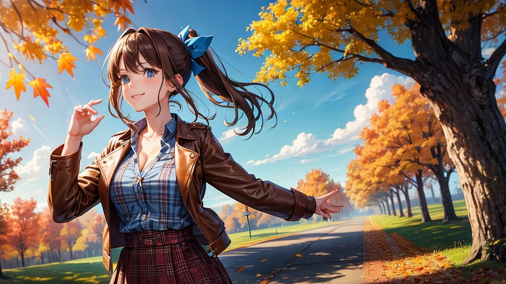 1girl, solo, trees, sun, clouds, autumn, colorful trees, falling leaves, ((brown hair)), ponytail, huge breasts, ((brown leather jacket)), button down shirt, ((blue checked shirt)), ((unbuttoned shirt)), unbuttoning buttons, cleavage 1:3, blue eyes, long skirt, brown boots, smile, happy, looking at the viewer, walking, hair ribbon, golden necklate