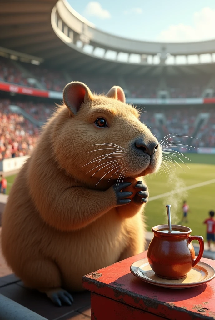 A capybara drinking cold mate in Paraguay at the Cerro Porteño stadium