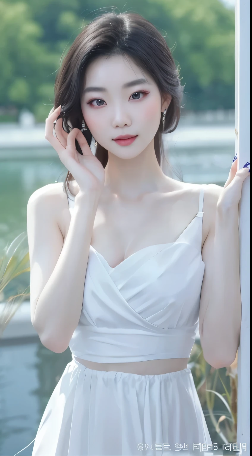Close up of woman in white dress posing for photo, lovely woman, gorgeous chinese model, beautiful girl model, very beautiful girl, wearing a white camisole, beautiful korean girl, beautiful asian girl, milky white skin, Stunning young Korean woman, Beautiful young Korean woman, cute and elegant pose, pale milky white porcelain skin, thin waist, heavenly beauty