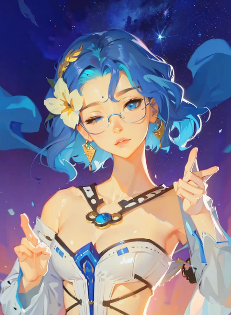((Best Quality, 8K, Masterpiece: 1.3)), best quality, ultra high res, a woman with blue hair and glasses holding a peace sign, beautiful celestial mage, stylized anime, portrait knights of zodiac girl, cushart krenz key art feminine, digital anime illustration, official character art, anime style. 8k, anime stylized, artwork in the style of guweiz, made with anime painter studio, anime in fantasy style