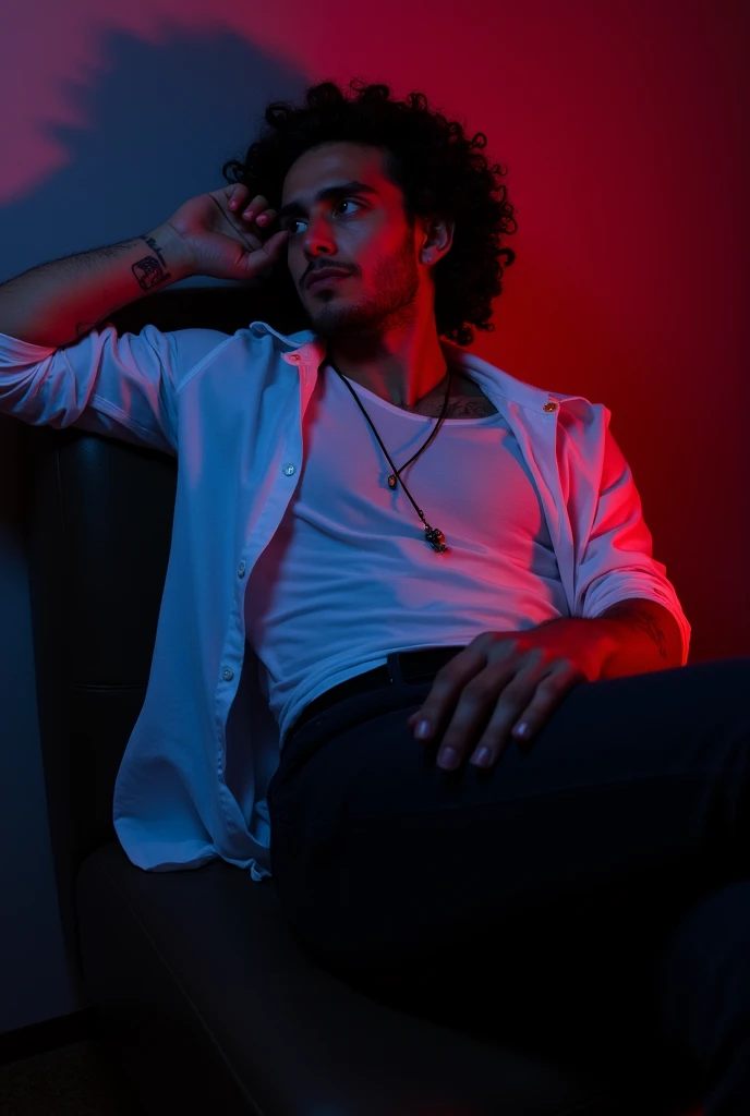 1 Man,reclining pose,cigarette holder,white undershirt,dark pants,red and blue lighting,dramatic shadows,warm colors,curly hair,tattoo,necklace,interior,moody atmosphere,smoking, expression,loneliness,
Portrait photos,high quality,masterpiece,