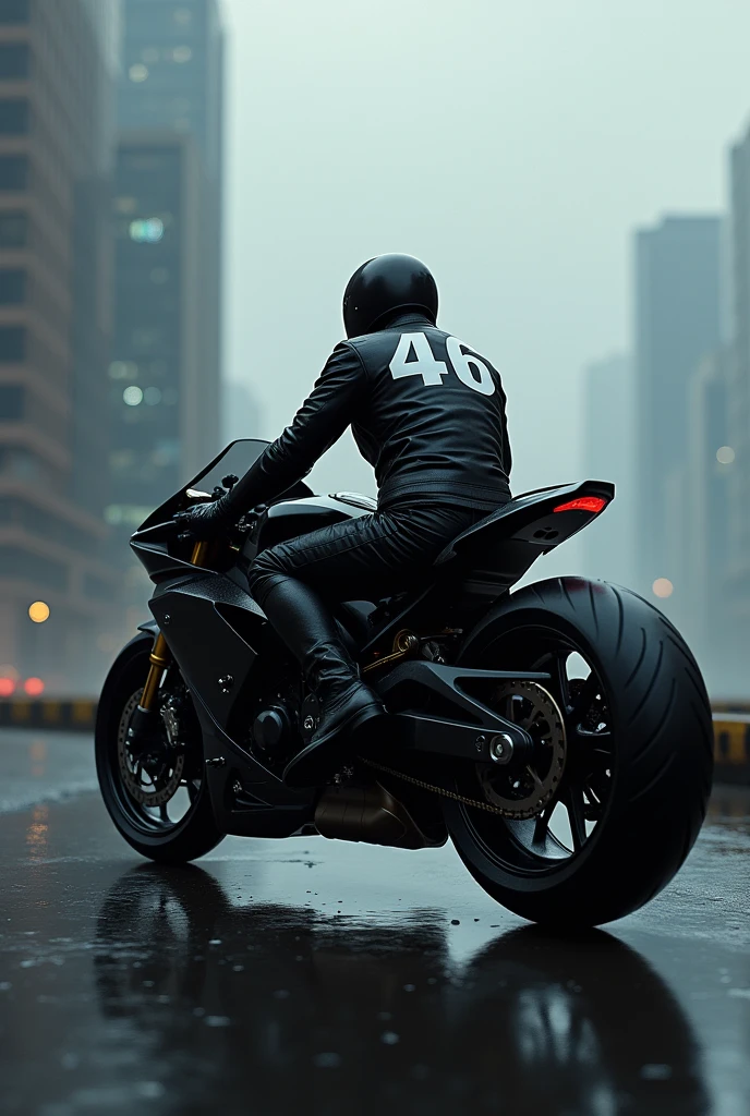 A black motorcycle with a black biker with the white number 46 (image 4k) 