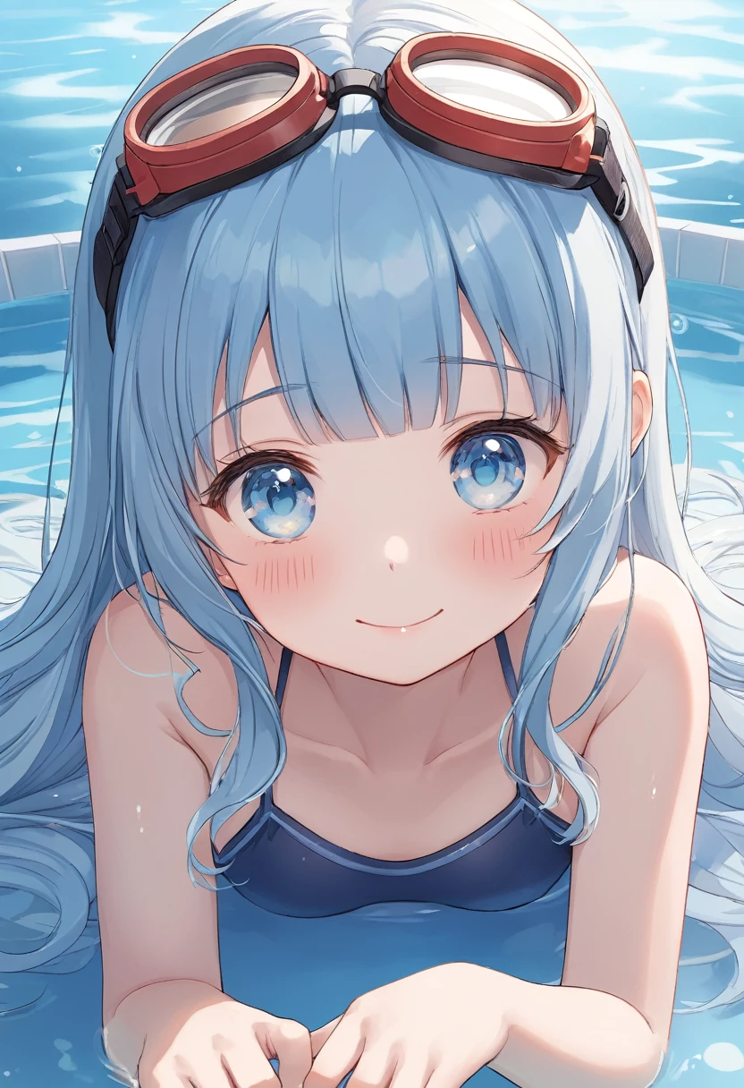 masterpiece, best quality, extremely detailed, (illustration, official art:1.1), 1 girl ,(((( light blue long hair)))), ,(((( light blue long hair)))),light blue hair, , long hair ((blush)) , cute face, big eyes, masterpiece, best quality,(((((a very delicate and beautiful girl))))),Amazing,beautiful detailed eyes,blunt bangs((((little delicate girl)))),tareme(true beautiful:1.2), sense of depth,dynamic angle,,,, affectionate smile, (true beautiful:1.2),,(tiny 1girl model:1.2),)(flat chest),shy,In a pool,There was a lying on her stomach on a swimming ring。The water in the pool is crystal clear, wearing a navy colored swimsuit,Sitting intently in the water。Her face showed a look of happiness and contentment,The surroundings are filled with laughter and laughter。The sun shone on her through the surface of the pool,The whole picture is full of relaxed and carefree atmosphere。Wear underwater goggles around your neck