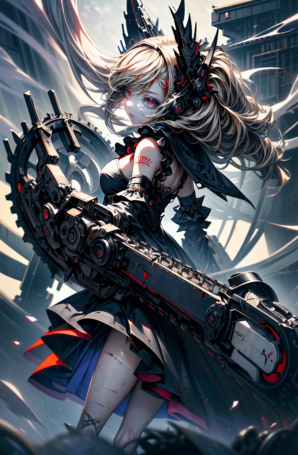 Little Red Riding Hood、super high quality、8K quality、High resolution、Image quality captured with a single-lens reflex camera、(software)、Perfect Anatomy、(1. The theme is a gothic punk girl in a black dress.)Beautiful blonde 20 year old girl.Orange eyes、(Good shape、Normal chest、Cleavage)、(Black mechanical parts for arms and legs、3D, Realistic mechanical parts)(Mechanical parts wings on the back)(Equipped with a chainsaw:1.2)break、(Perfect Anatomy:1.4)break(Rear view、Recall、avert your eyes:1.3)Petals flutter(Smoke rising from the battlefield、Twilight Girl:1.5)