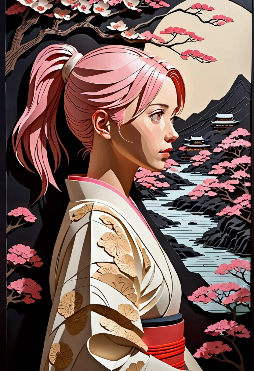 (masterpiece), Cyberpunk style, ((Relief,Paper art,Negative Space)), (author: Neil Welliver), 1 Girl, Brown eyes, Ponytail, Pink Hair, Japanese clothes, The expression is serene，Delicate facial features，Elegant posture，In a surreal landscape, Dramatic lighting，Studio Lighting，HDR，8k，High-quality，