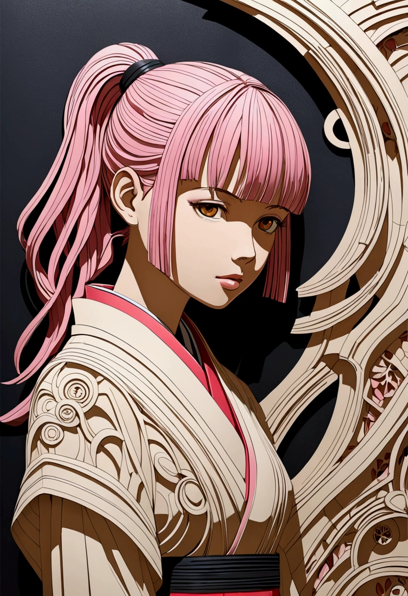 (masterpiece), Cyberpunk style, ((Relief,Paper art,Negative Space)), (author: Neil Welliver), 1 Girl, Brown eyes, Ponytail, Pink Hair, Japanese clothes, The expression is serene，Delicate facial features，Elegant posture，In a surreal landscape, Dramatic lighting，Studio Lighting，HDR，8k，High-quality，