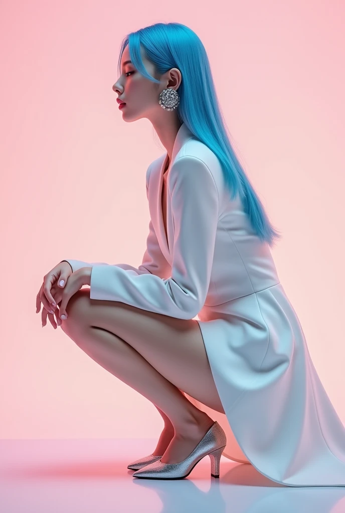 A South Korean beauty model with blue hair, fair skin, and long legs appeared on the cover of a magazine wearing a futuristic haute couture style with ethereal minimalism. The model crouched on the ground in an elegant posture, hands crossed, wearing futuristic silver jewelry. She wore sparkling large earrings and light colored shoes, standing against a soft pink background.