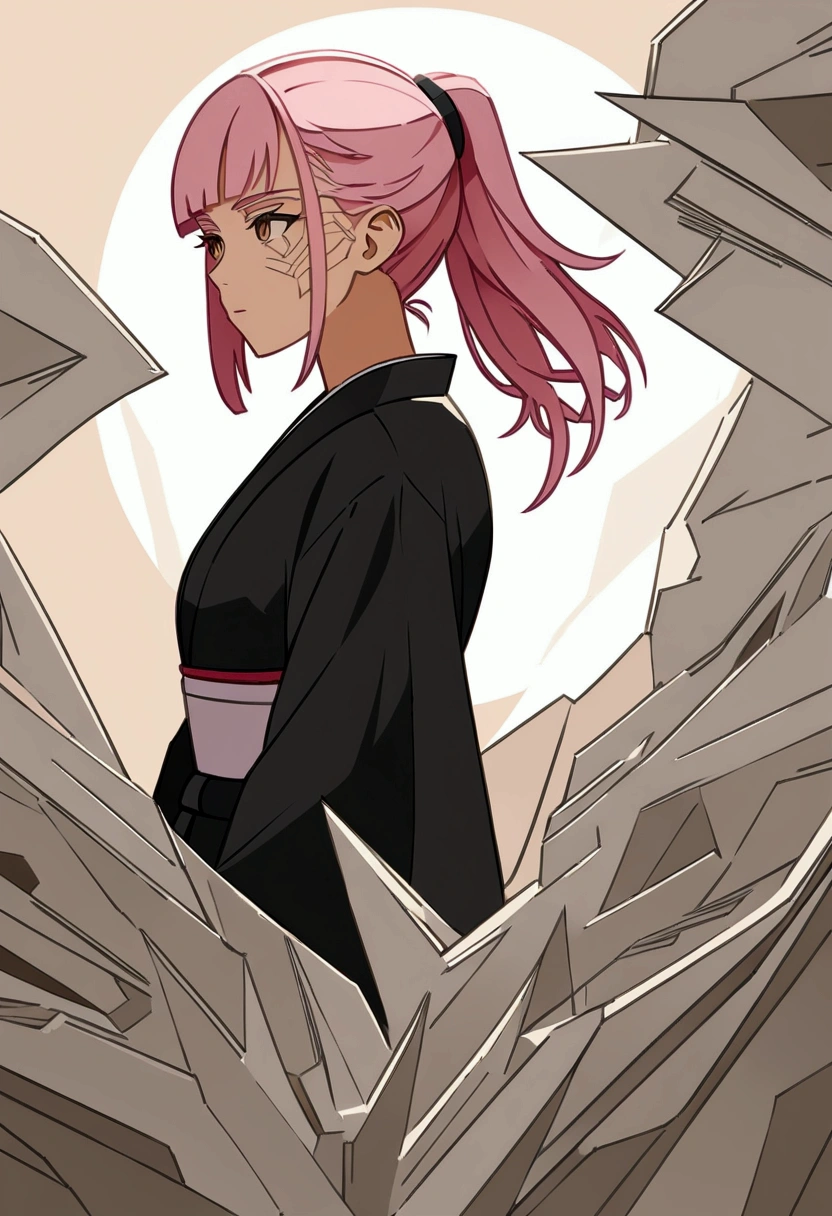 (masterpiece), Cyberpunk style, ((Relief,Paper art,Negative Space)), (author: Neil Welliver), 1 Girl, Brown eyes, Ponytail, Pink Hair, Japanese clothes, The expression is serene，Delicate facial features，Elegant posture，In a surreal landscape, Dramatic lighting，Studio Lighting，HDR，8k，High-quality，