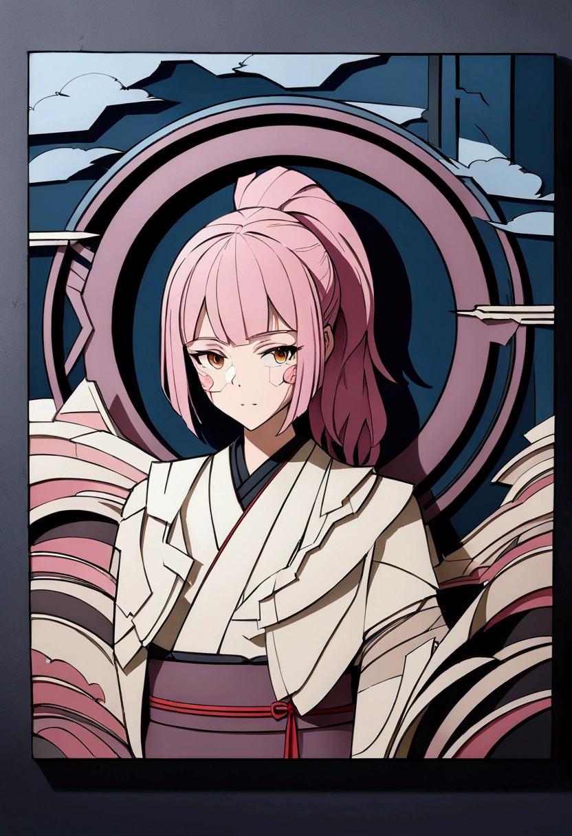 (masterpiece), Cyberpunk style, ((Relief,Paper art,Negative Space)), (author: Neil Welliver), 1 Girl, Brown eyes, Ponytail, Pink Hair, Japanese clothes, The expression is serene,Delicate facial features,Elegant posture,In a surreal landscape, Dramatic lighting,Studio Lighting,HDR,8k,High-quality,