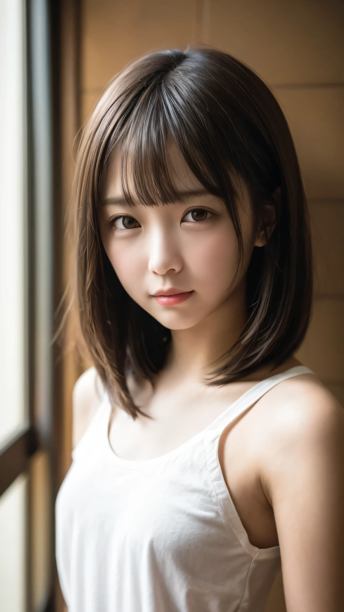 8K, ((in the hotel room)), White short sleeve shirt, no bra, elected nipples, Navy blue standing in front of a wall, Age 18, Medium build, Small face, light brown hair, shiny hair, short hair, expressive hair, straight hair, asymmetrical bangs, seductive smile, cinematic lighting, first-person view, Nikon, f/1.2, UHD, anatomically correct, textured skin, best quality, highres, 8k