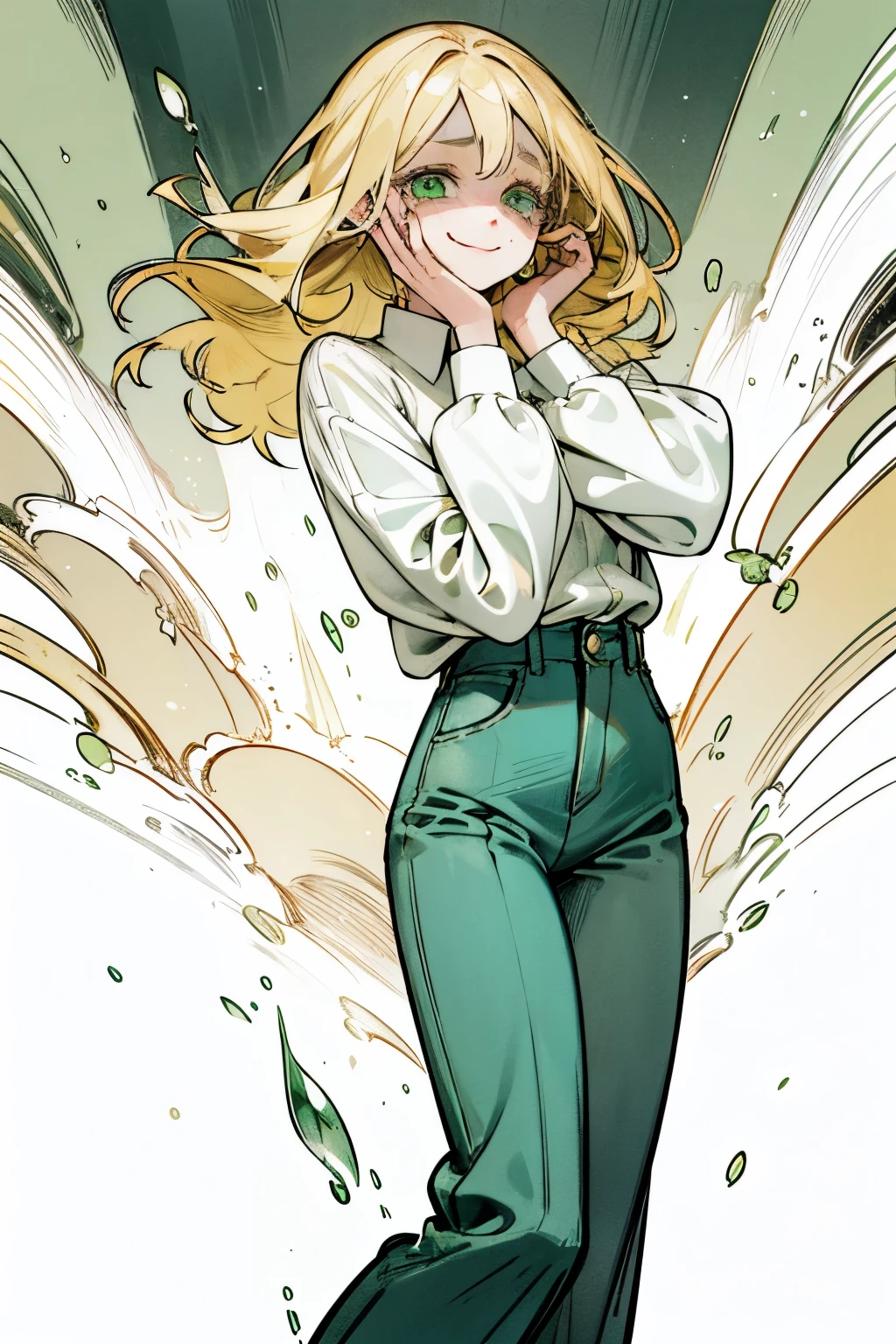 Blonde girl with green eyes smiling in a long-sleeved vintage shirt, long pants, smiling, laughing, tears streaming down her face 