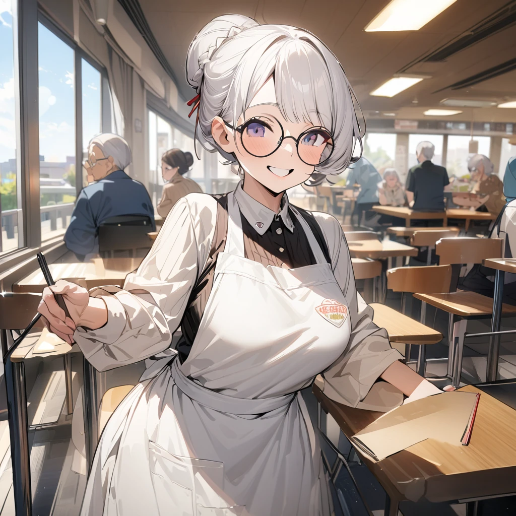 Top quality, masterpiece, high resolution, 80-year-old grandma,顔にシワ,目を閉じる, round glasses, apron, white hair in a bun, student cafeteria, smile