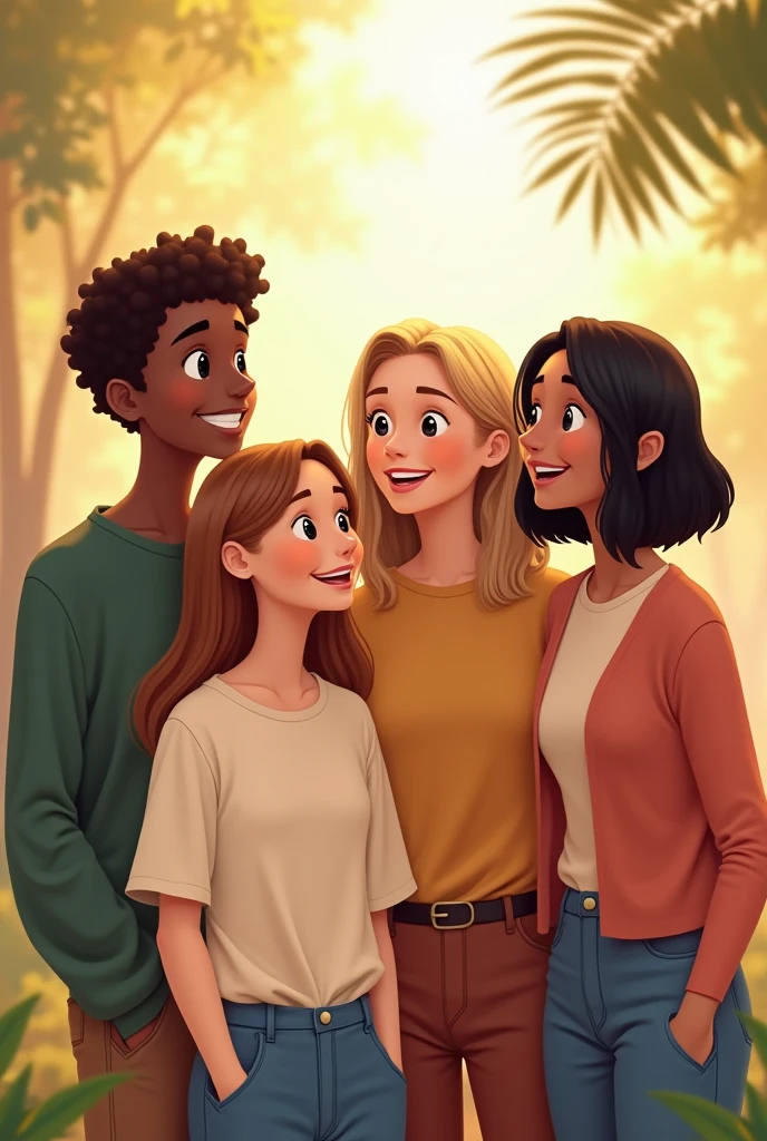 Four friends, a brown boy with short curly brown hair, a white girl with dark blonde hair and long straight hair, a brown girl with medium brown straight hair, and a white woman with medium brown straight hair, all thin 