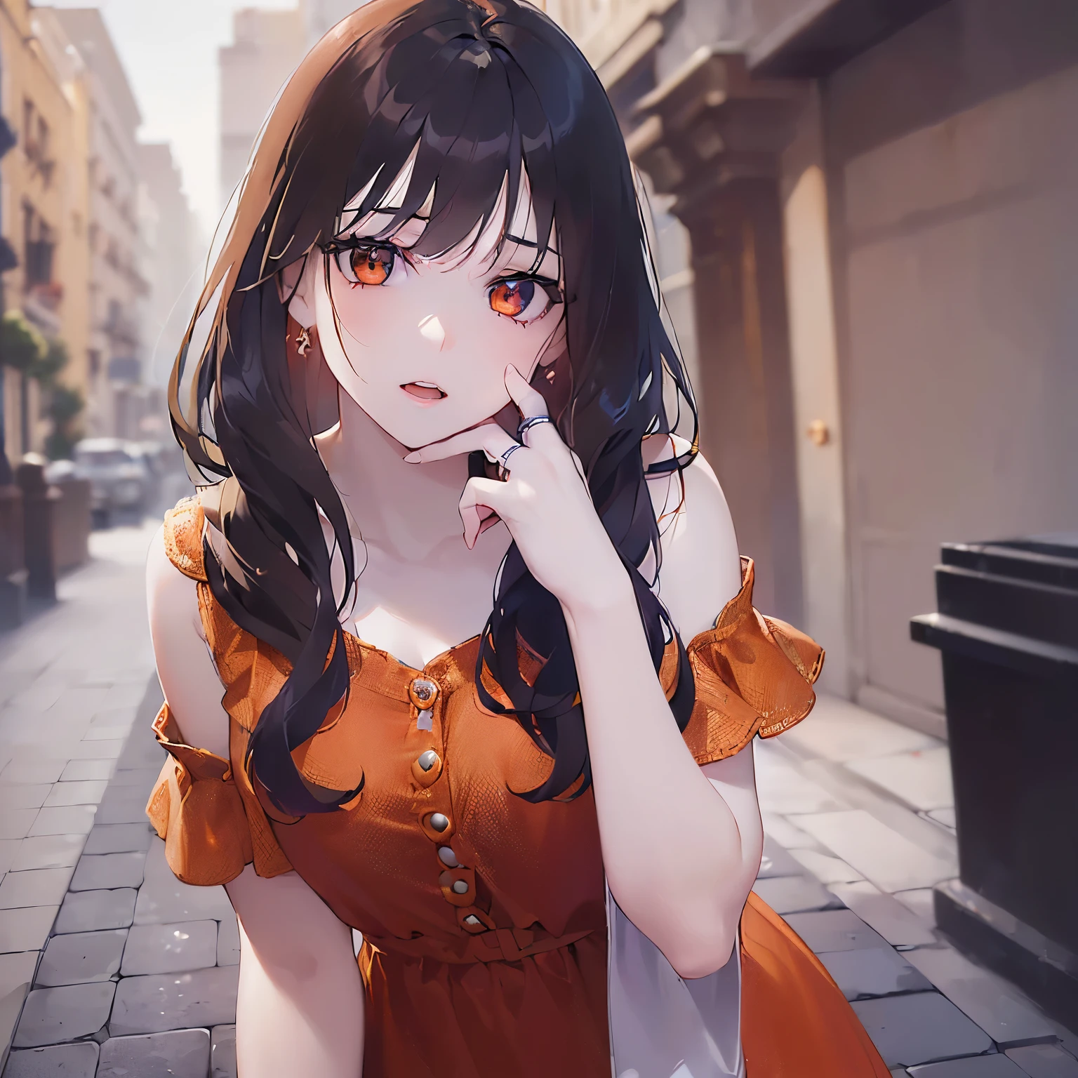 (looking at viewer:1.5),(ring:1.5), (hand on own cheek:1.5)、
Realistic, real person, (pale skin: 1.2), RAW photo, photorealistic, shiny skin, shiny hair、
(A 25-year-old woman with medium-length hair and bangs) and (wavy hair) and (brown hair) and (orange eyes),
Red dress、expressionless,open mouth、(alone:1.5)