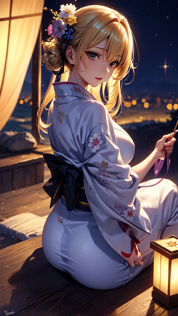 masterpiece, high quality, 4K, Beautiful design, silhouette,blonde, 非常に詳細な夜のStarry Sky,Flower Field, wonderful, Finer details, Very knowledgeable woman, Highly detailed solo, 1 female,Big Breasts,Butt Emphasis,Yukata in white color,Night view,Starry Sky,full moon,How to sit,Tsukimi sake,Evening drinks,