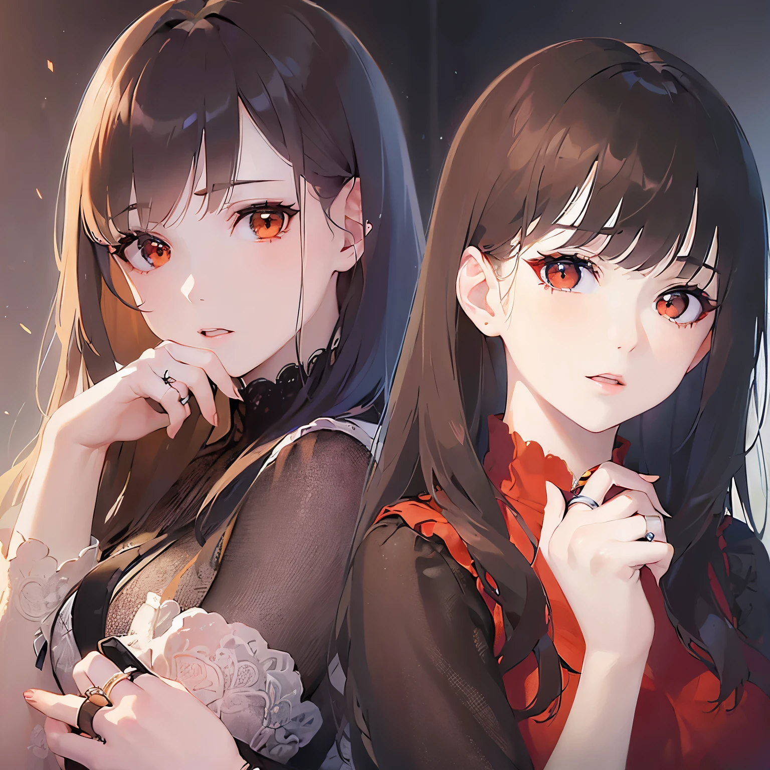 (looking at viewer:1.5),(ring:1.5), (hand on own cheek:1.5)、
Realistic, real person, (pale skin: 1.2), RAW photo, photorealistic, shiny skin, shiny hair、
(A 25-year-old woman with medium-length hair and bangs) and (wavy hair) and (brown hair) and (orange eyes),
Red dress、expressionless,open mouth、(alone:1.5)