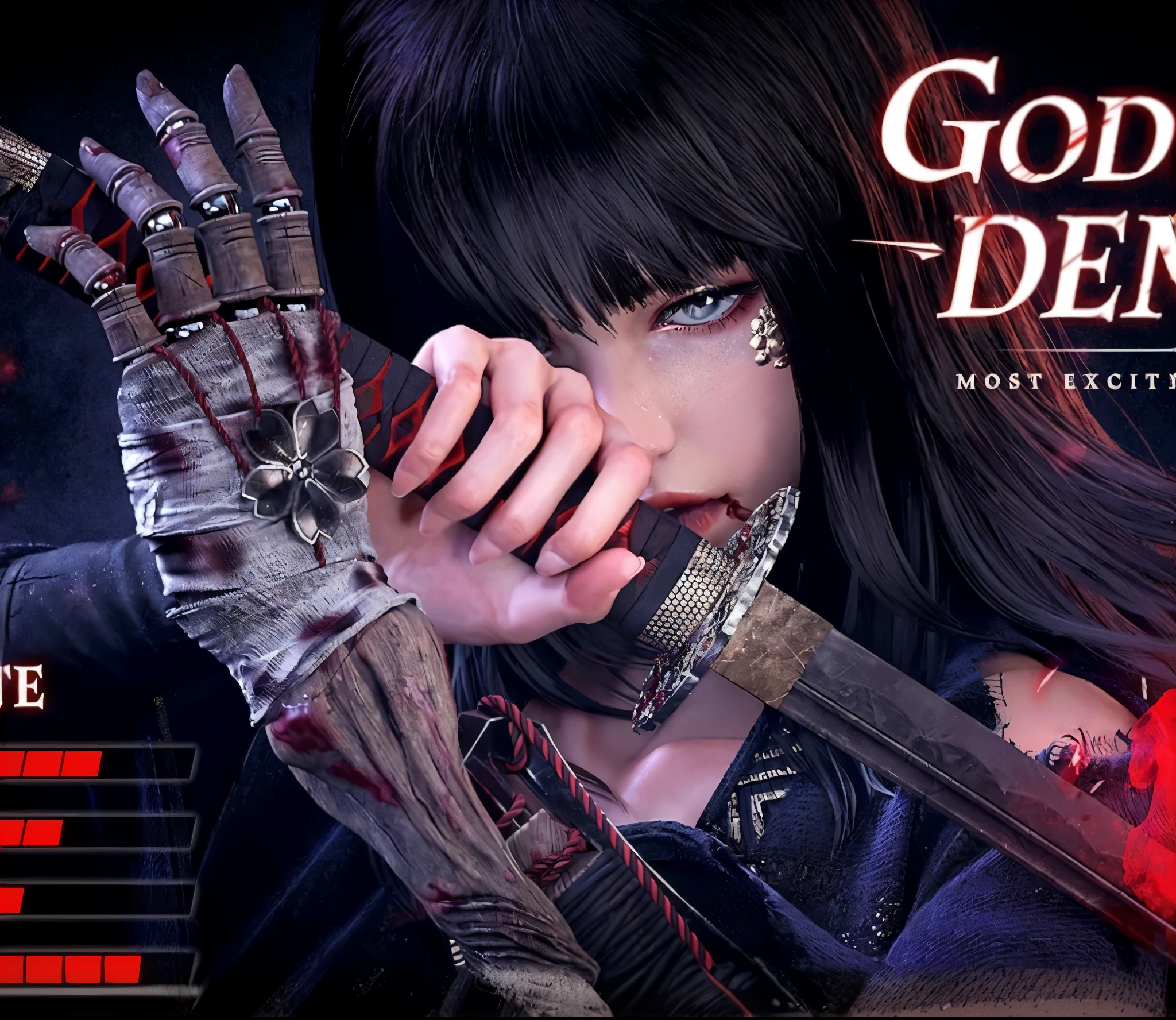 Make the girl's eyes turn a whitish gray color, so that the hair remains the same as in the picture, the skin color matches the picture, then the katana sword gives off a bright red aura around it, and the girl's clothes and arms match what is pictured.