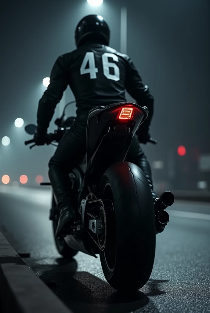 In the night A black motorcycle with a black biker with the white number 46 (image 4k)