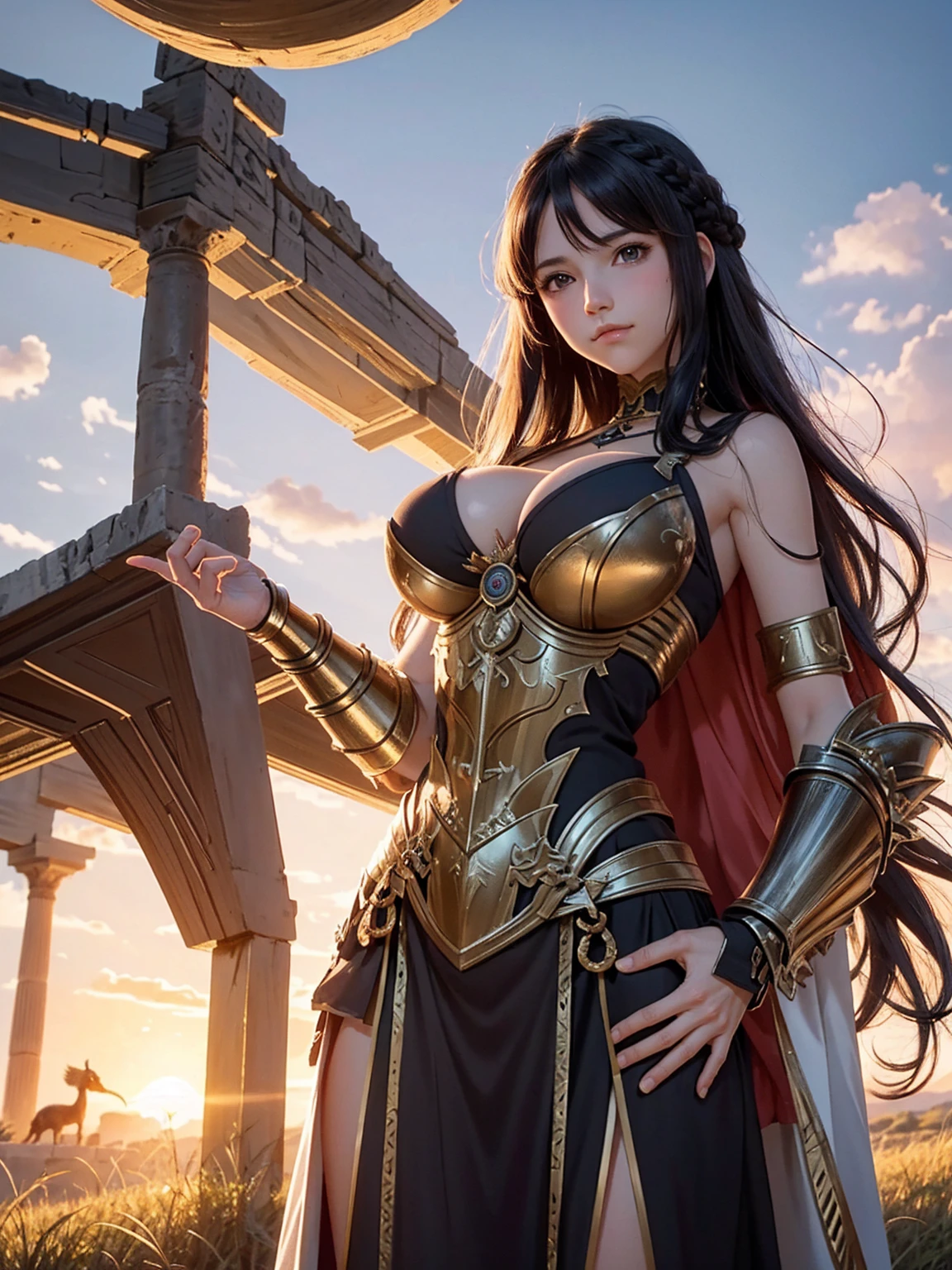carmilla, (ancient greece armor:1.2), fluttering hair, long wavy hair, long curl hair, (huge tit, upper body from below:1.2), blush, gentle smile, hands on hip, in grassland, sunset