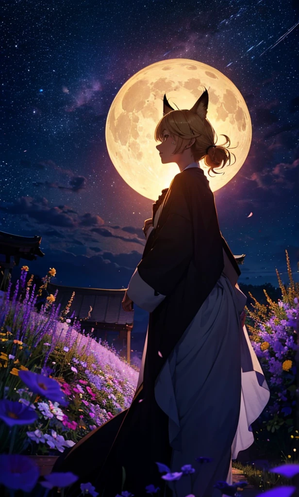 １people々々々々々々々々々々々々々々々々々々々,Woman with medium length blonde hair，Fox Ears，Long coat，Takageta， Dress Silhouette， Rear View，Space Sky, Flower Field，Colorful flowers，Dancing Petals，full moon，shrine，