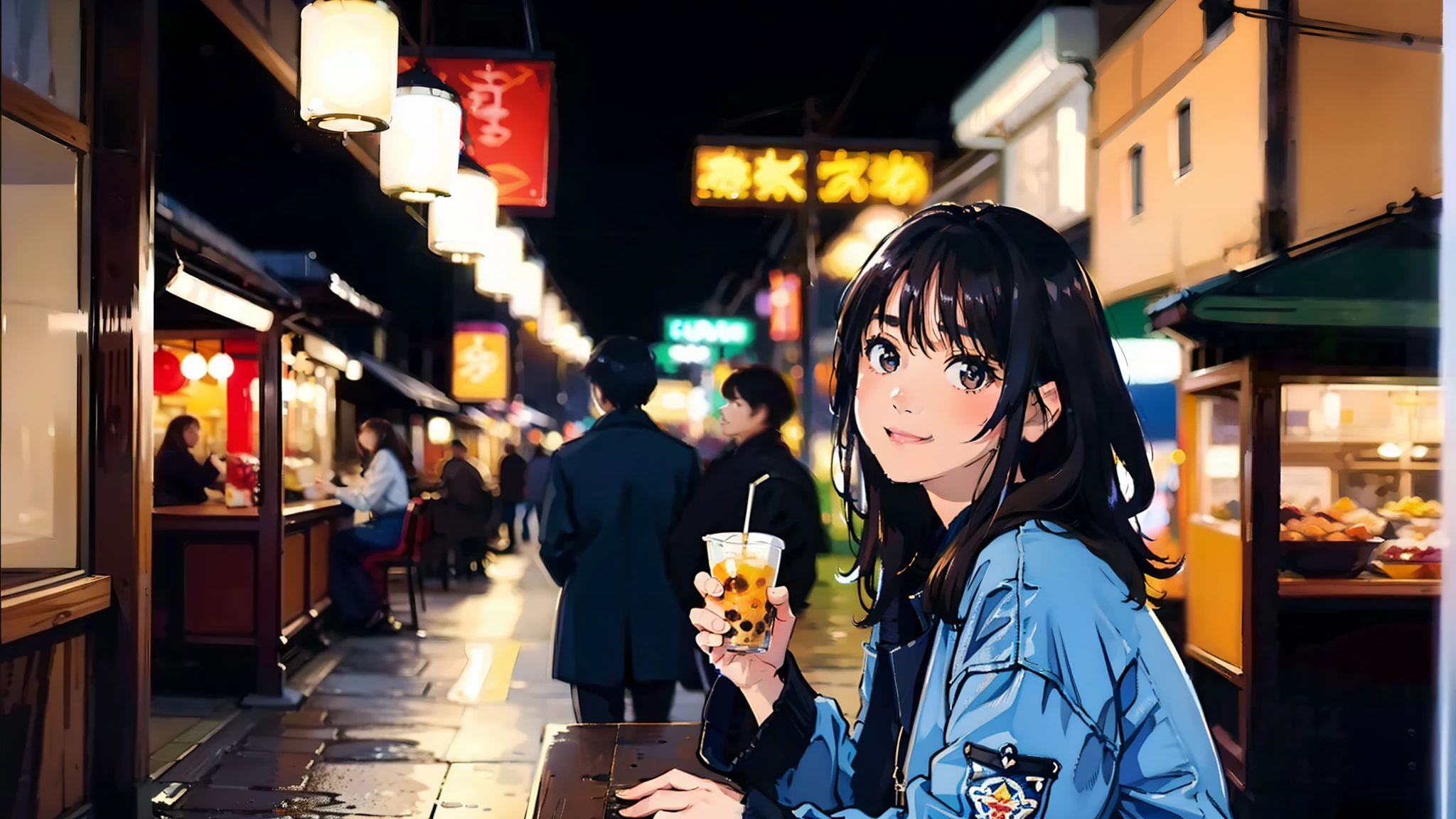 The image features a young woman with medium-length brown hair sitting at an outdoor table at night, in a vibrant urban setting. The character is depicted in a style reminiscent of modern Japanese anime, with detailed and expressive facial features, including large, shiny eyes, a small nose, and a subtle, warm smile. She is dressed casually in a dark blue jacket with a light design on the sleeve, and she is holding a cup of bubble tea. Another cup of bubble tea is placed on the wooden table in front of her, with a straw sticking out. The background showcases a lively city street illuminated by neon signs and streetlights, with reflections on the wet pavement suggesting recent rain. The color palette is rich and saturated, with a focus on deep blues and vibrant yellows, creating a contrast between the warm interior light and the cool night atmosphere. The scene exudes a sense of casual relaxation, with a hint of nostalgia and serenity, characteristic of a tranquil evening in an urban environment.