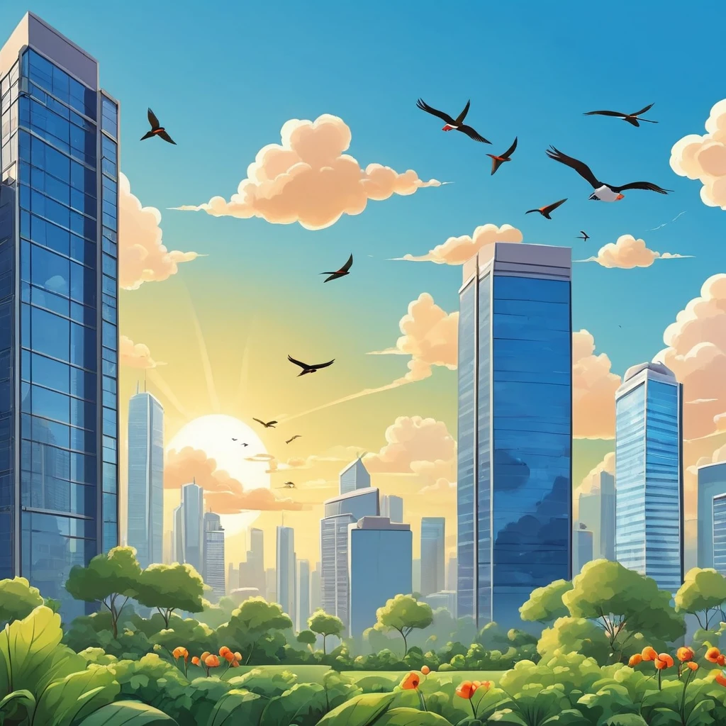 Cartoon of a landscape view of a sunny sky with clouds and birds and skyscrapers