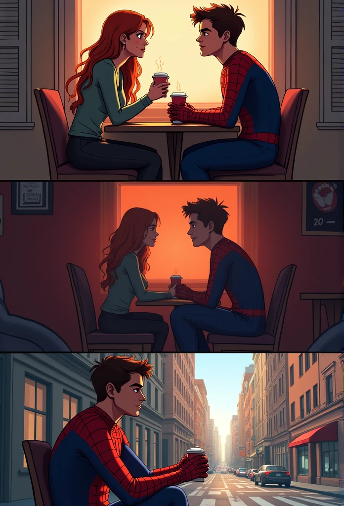 storyboard of Peter Parker late 20s sitting with Mary Jane late 20s talking and laughing, one at home, one at the theater, and the last one on a New York street, holding his right hand, comics style, modern style, Spiderman, Trending in ArtStation 4K, cg arte