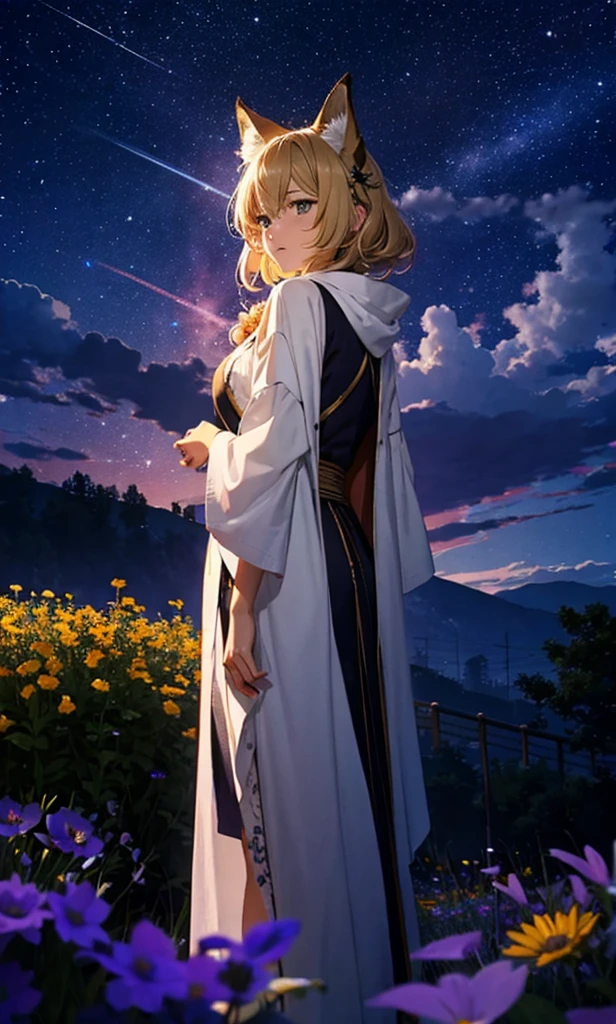 １people々々々々々々々々々々々々々々々々々々々,Woman with medium length blonde hair，Fox Ears，Long coat，Takageta， Dress Silhouette， Rear View，Space Sky, Flower Field，Colorful flowers，Dancing Petals，full moon，shrine，