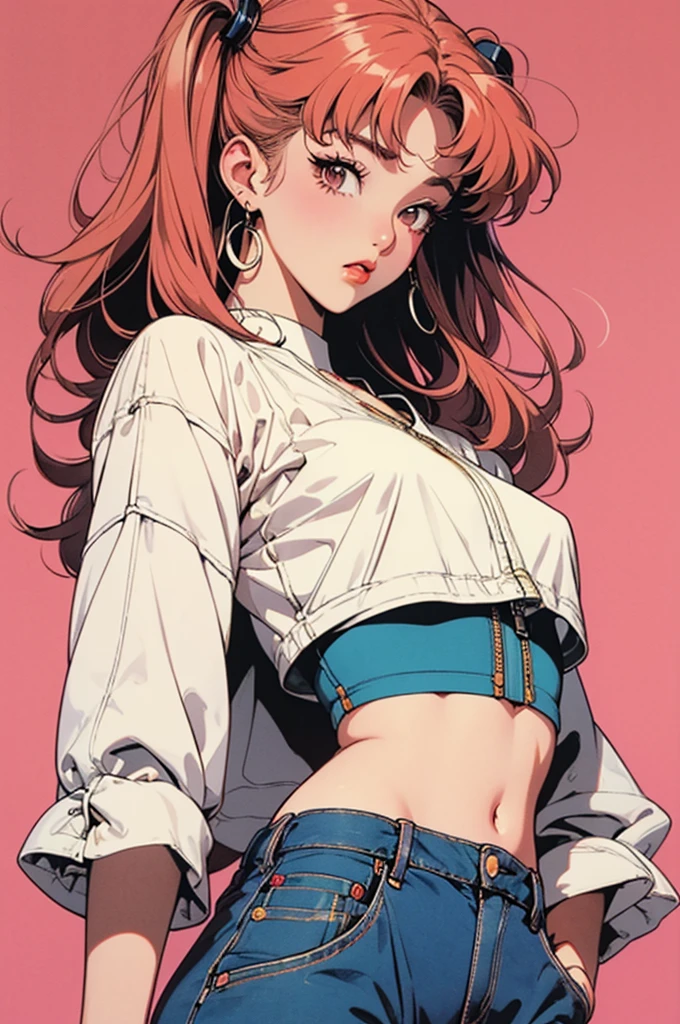 woman, 90's, retro, crop top, (flat colors, flat texture, lineart:1.2), graphical design, From the chest up、Looking at the front、Harajuku fashion in the 1980s