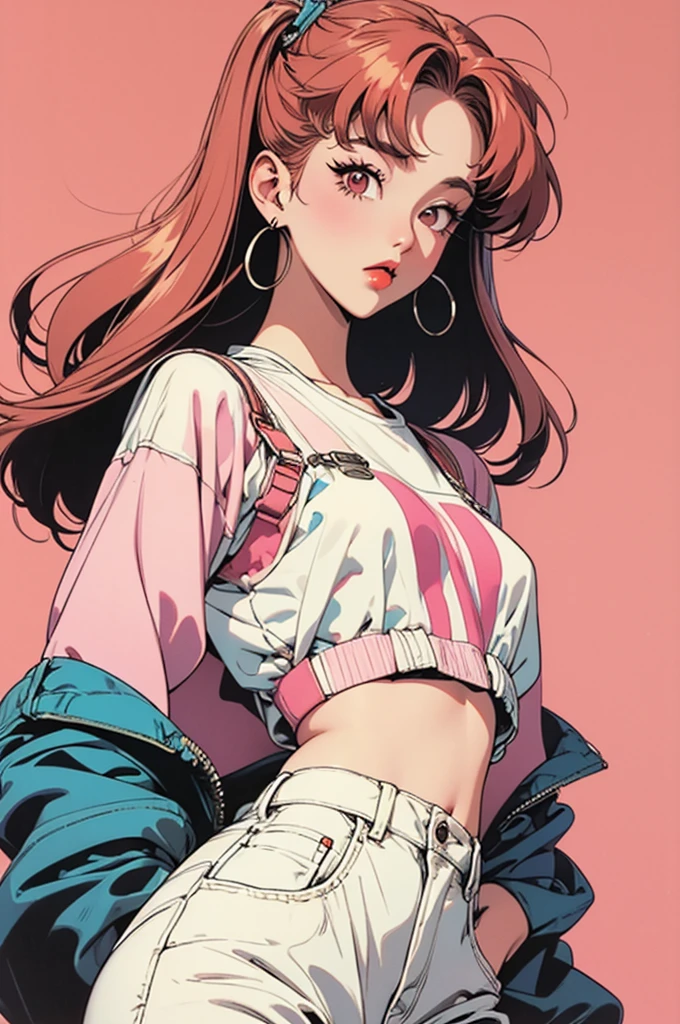 woman, 90's, retro, crop top, (flat colors, flat texture, lineart:1.2), graphical design, From the chest up、Looking at the front、Harajuku fashion in the 1980s