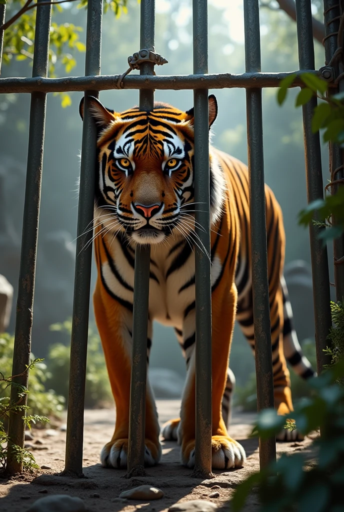 A tiger inside cage in a zoo (highlight the cage)