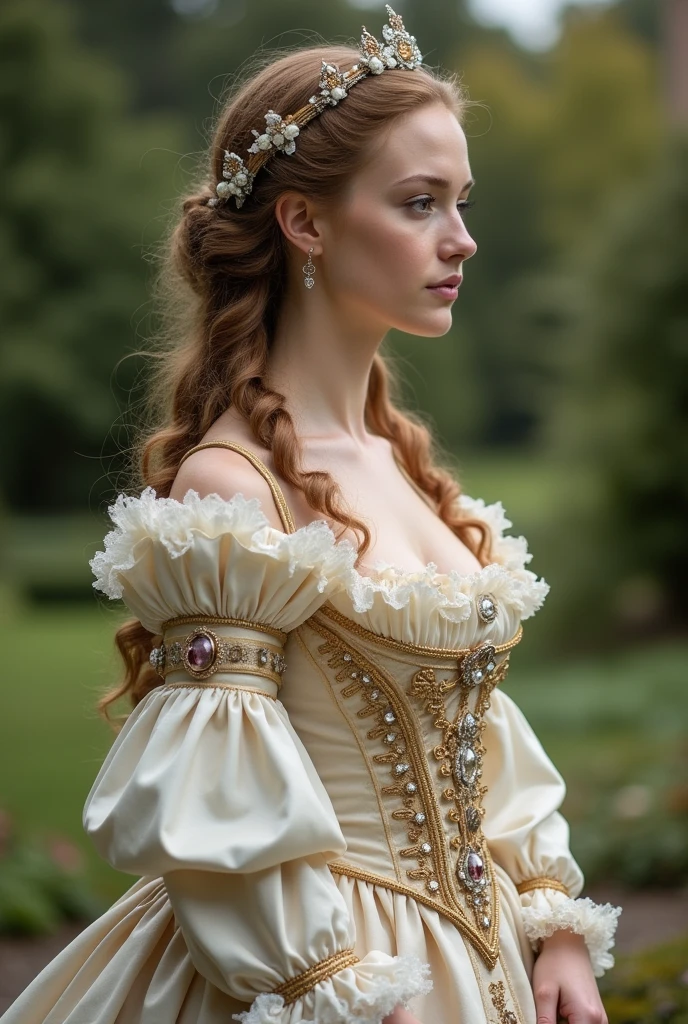 photograph, a 20 years princess, rococo style, 1700s, in the style of Marie Antoinette, full body shot, standing on a royal garden, fancy, natural lighting, charming, extremely beautiful, ultra detailed.