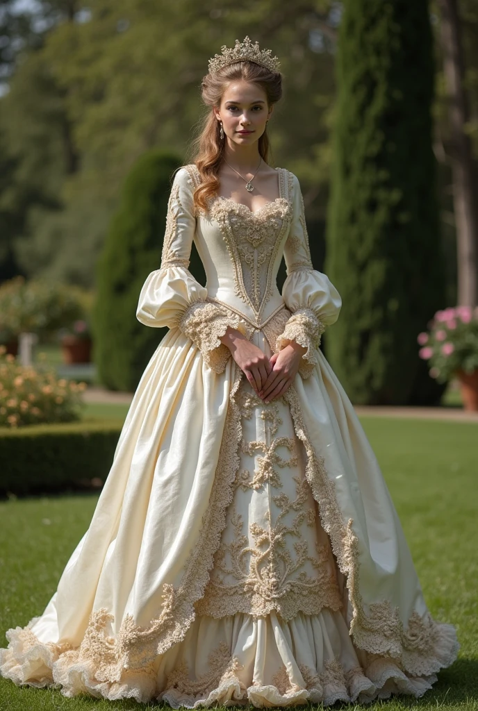 photograph, a 20 years princess, rococo style, 1700s, in the style of Marie Antoinette, full body shot, standing on a royal garden, fancy, natural lighting, charming, extremely beautiful, ultra detailed.