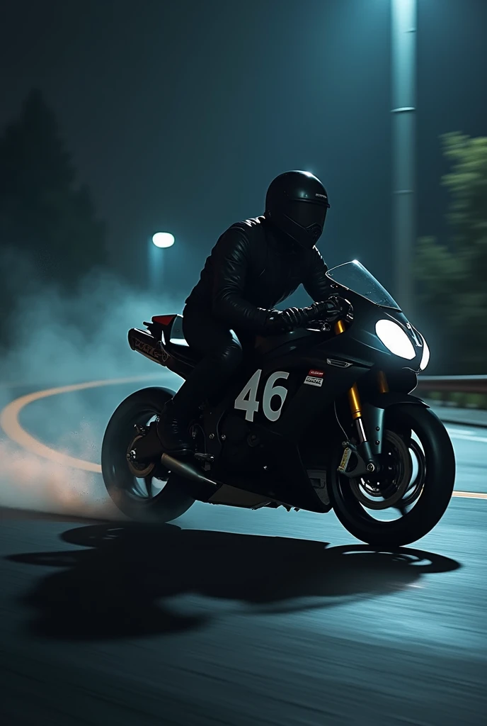 In the night A black motorcycle with a black biker with the white number 46 on the motorcycle (image 4k)