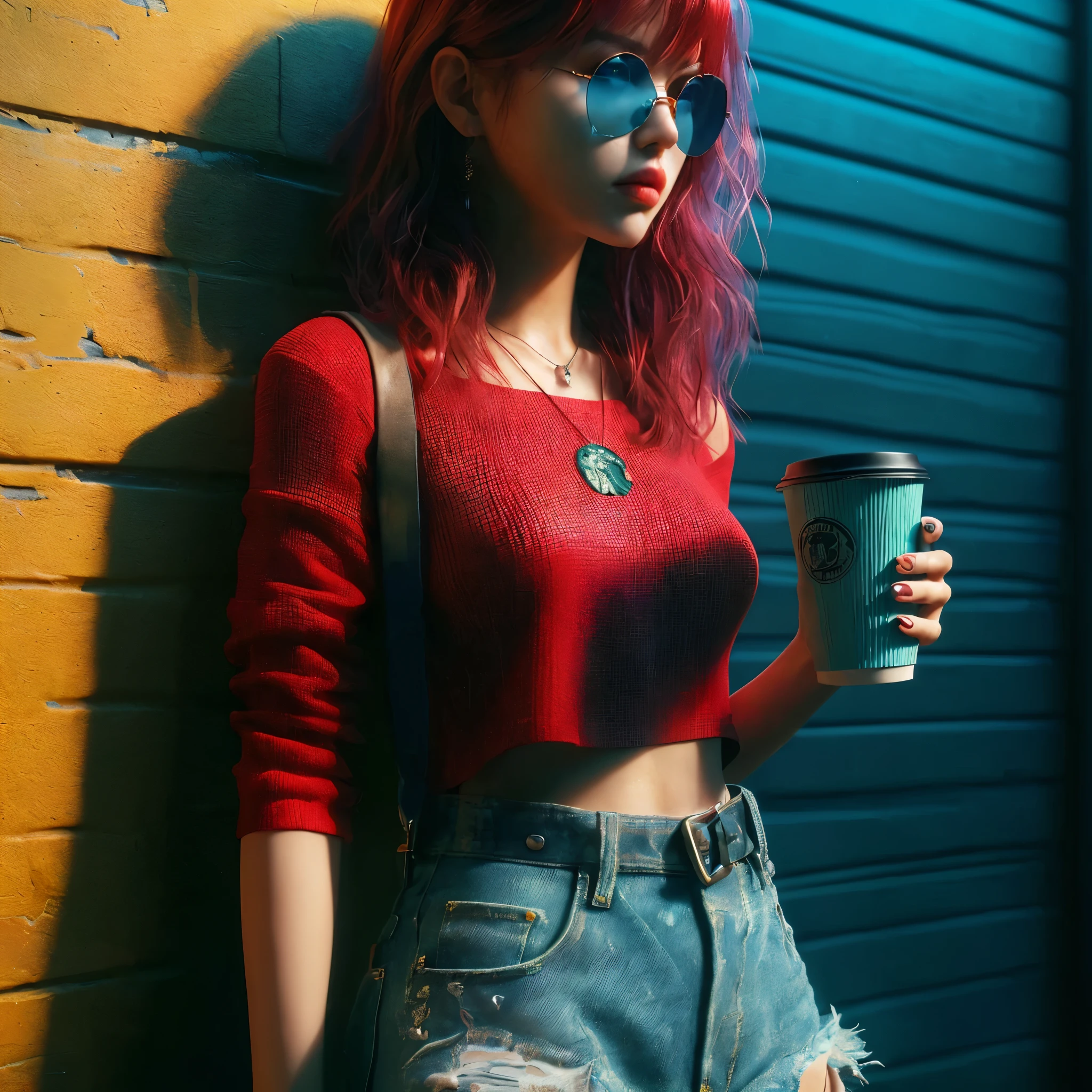 (very sharp result, full body desaturated 3d image) (((outfit body shading & texture))), (((Best Quality))), (((masterpiece))), (((hyper realistic photo))) a close up profile shoot of a cool japanese girl, red hair wear stylish top, mini skirt y2k rugged jeans, light blue sunglasses, model posing, hold a green cup of coffee, (dramatic blue-red lighting bias mood) stylish vibrant colorful yellow wall as background, UHD 4K