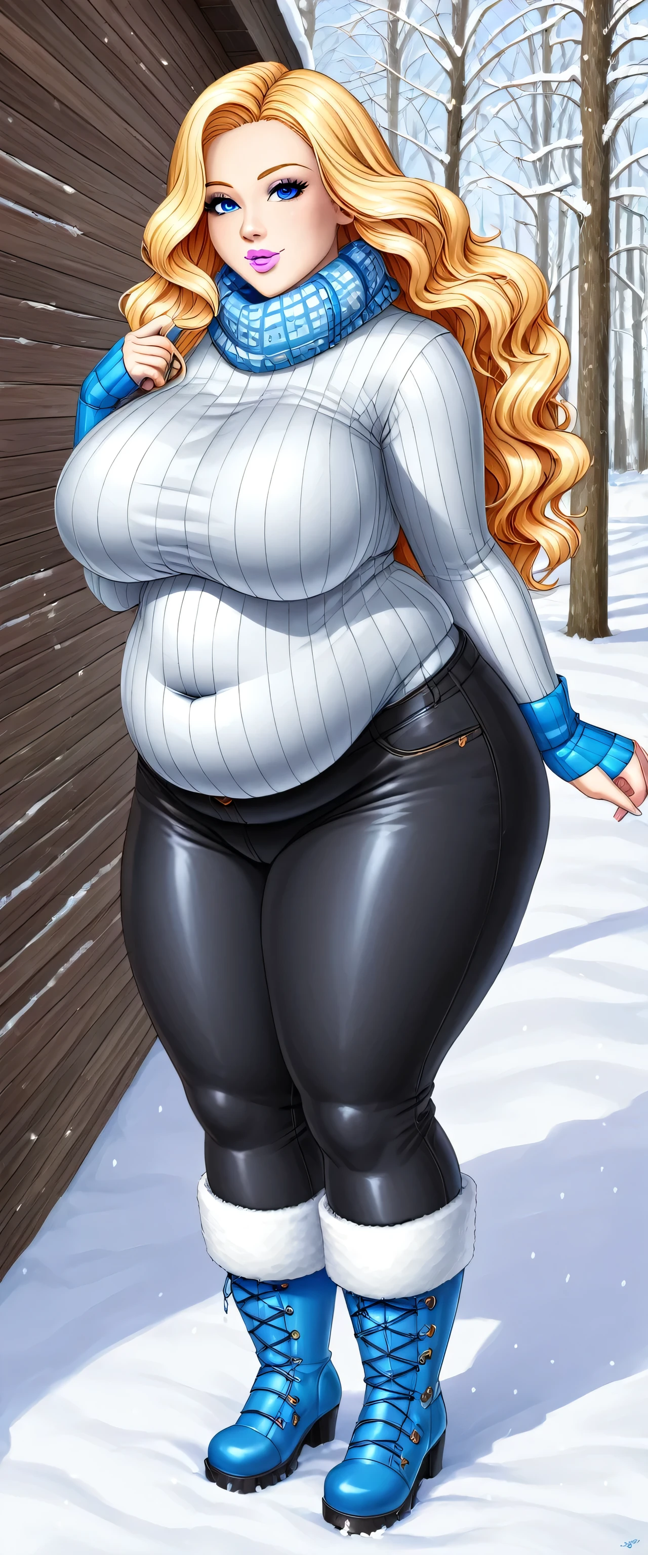  A sexy beautiful girl with big breasts, long wavy straight yellow hair, blue eyes, bright pink lips, is wearing an overweight gray polar fleece blouse and metallic black pants, blue polar socks, and snow boots.