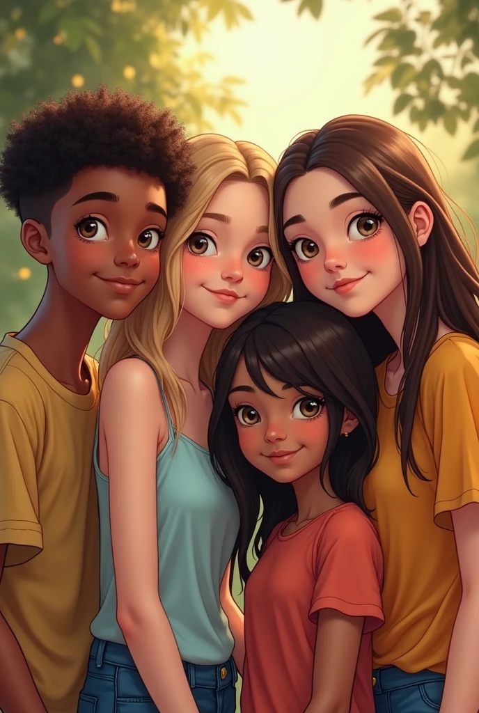 Four friends, a brown boy with short curly brown hair, a white girl with dark blonde hair and LONG straight hair, a brown girl with STRAIGHT brown hair, and a white woman with STRAIGHT brown hair, all thin 