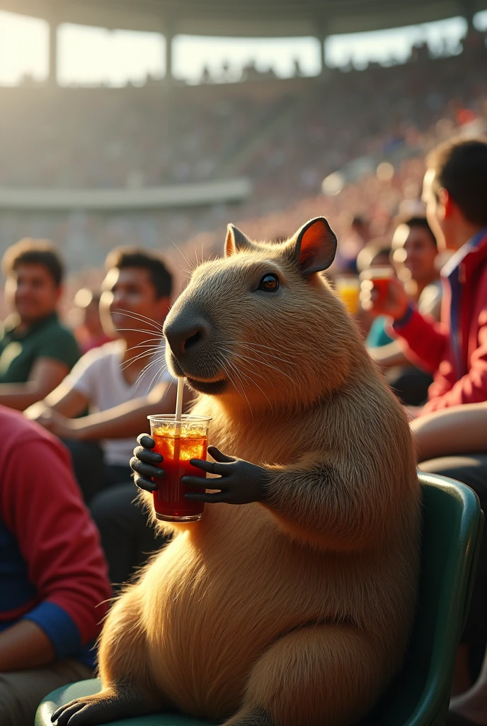 A capybara drinking cold mate in Paraguay at the Cerro Porteño stadium and instead of players and people you change them for people with drinks