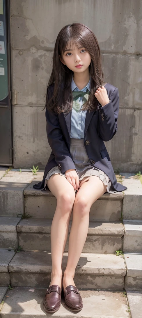 Super fine、8k、The pieces fly、(RAW Photos:1.4)、High resolution、((14歳girl、Sitting on the steps of the station))、((Full body photo from face to shoes))、Sky seen from below、((Perfect Anatomy:1.2))、Camel Toe、((Lower body naked:1.2))、Camel Toe、Spread your legs、No underwear、Beautiful Face、1 female 14 years old、Detailed skin、Glowing Skin、Baby Face、double eyelid、eyes with long eyelashes、Small face、smile、Open your mouth、Clean hairstyleiddle School girl))、Slender and delicate body、Small breasts、A blazer uniform with green lines、girl 、Checked skirt、healthy、young woman、Detailed short socks、Detailed thighs、Detailed two-legged、(Detailed brown loafers leather shoes)、loafers、Full Body Shot、Neat short hairstyle、Accentuates the lines of her extremely slender legs