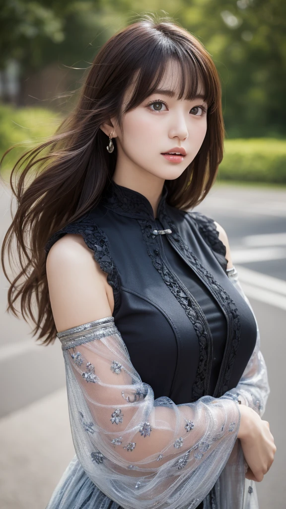 Silver Hair、(masterpiece, Highest quality, Highest, Official Art, beautifully、beautiful, Long exposure: 1.2), Smooth movement, Attractive patterns, 1 girl, (Dresses with sleeves: 1.4), Upper Body close-up, Expose your shoulders, Chinese Girl, blush, Black lob hair, Portraiture, alone, Upper Body, Observing the observer, Detailed background, Detailed face, Controlling the Wind, Dynamic pose, Aether Dynamics, background, Great atmosphere,blonde, Plump face,Random Pause, Big Breasts,Browsing Caution:1.8、(Browsing Caution:1.3),