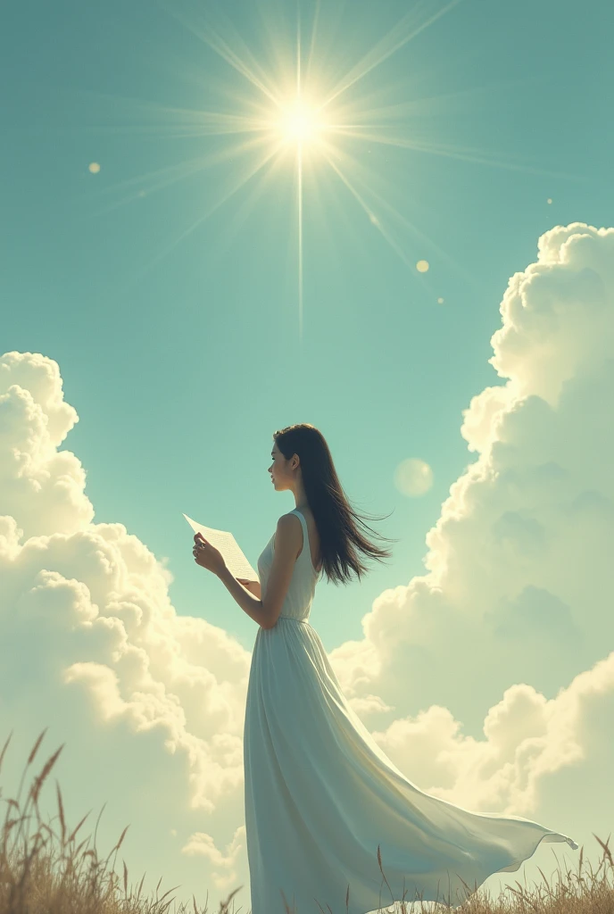 A woman from behind sending letters to heaven with a pen in her hand