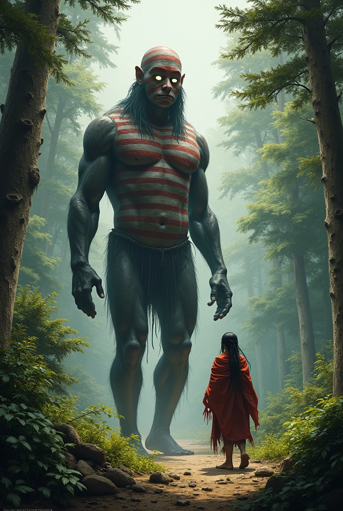 An Ona woman, of the indigenous peoples of Tierra del Fuego, Argentina, She is covered only by a cloak made of skins and in the forest she meets one of her gods, the giant Selk Nam., He is completely naked and has a normal build., He is bald on his head and chin, It has horizontal red and white stripes that cover its entire body., like a lighthouse and is the size of a building, is walking.
The giant IS WALKING moving his body, He has a dark appearance and his eyes are bright.