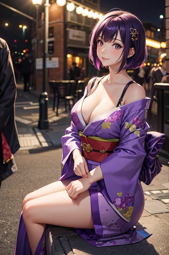 Best Quality,High resolution,8k,finelity detailed background,Masterpiece:1.2),beautiful girl,Shiny purple hair,bob cut,Purple Eyes,Gentle look,A refreshing look,smile,Best quality,Best Quality,Aesthetic and aesthetic:1.2,Best details((Super detailed))(High-definition CG illustrations),kimono,yukata,Slender body,night,festival,smile,blush,cute,Scrounge,Looking up,Being spoiled,super model,wariza,shoot from,Side