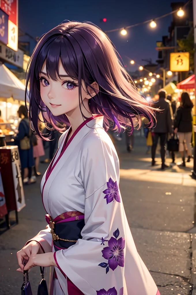 Best Quality,High resolution,8k,finelity detailed background,Masterpiece:1.2),beautiful girl,Shiny purple hair,bob cut,Purple Eyes,Gentle look,A refreshing look,smile,Best quality,Best Quality,Aesthetic and aesthetic:1.2,Best details((Super detailed))(High-definition CG illustrations),kimono,yukata,Slender body,night,festival,smile,blush,cute,Scrounge,Looking up,Being spoiled,super model,wariza,shoot from,Side