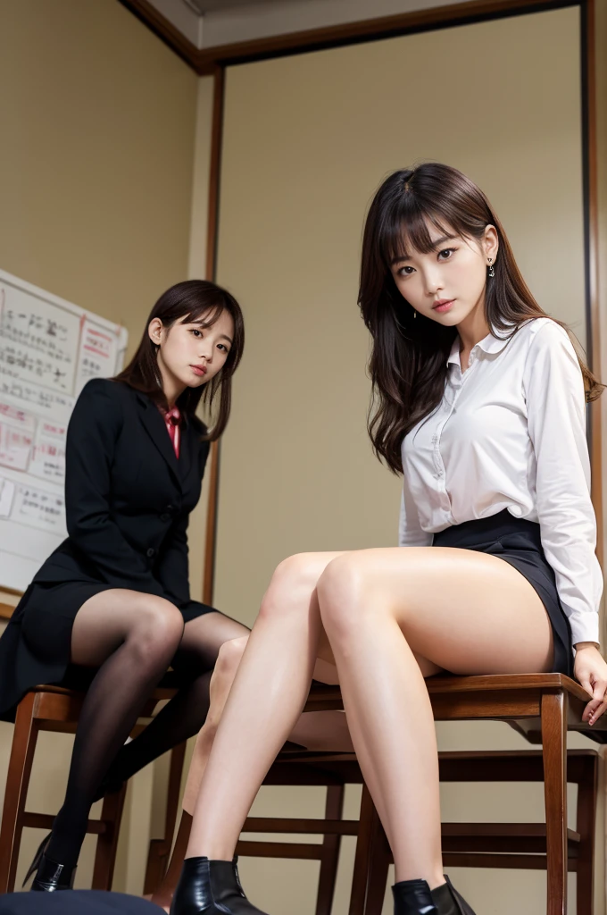 (8k, RAW photos, highest quality, masterpiece), (Realistic, Photorealistic), (medium breasts), 1 girl, 34 years old, Japanese, black hair, locker room, sweaty face, teacher, (nude, naked), standing, stockings,