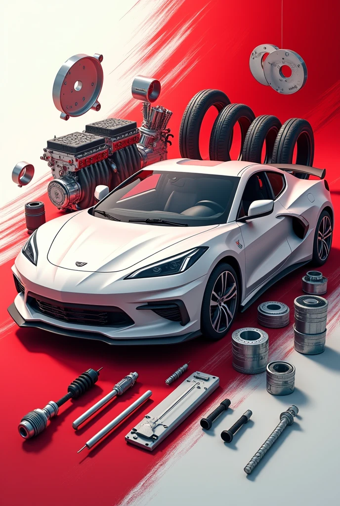 An advertisement for the sale of automotive spare parts with white and red colors