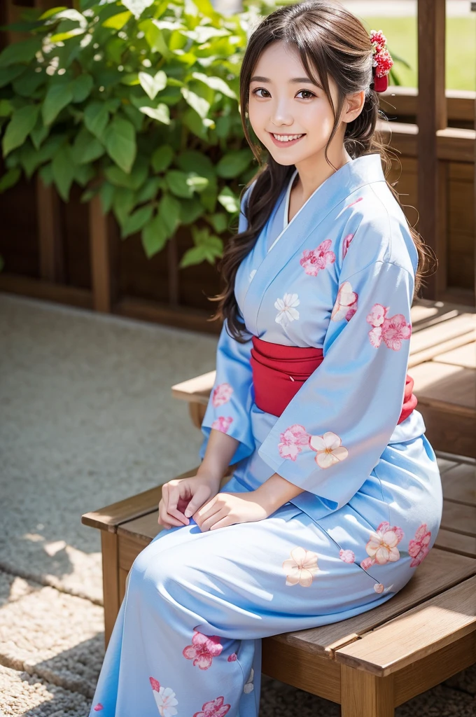 Pure Japanese Yukata girl, wearing traditional yukata, traditional hair styles, impressive big brown eyes, pure smile, refreshing in early summer sunlight, sitting, relaxed pose, holiday park, professional portrait photography,